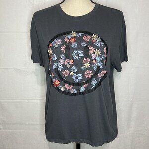 Freeze Embroidered Gray Floral Smilel Face Crew Neck Pullover T-Shirt Sz M